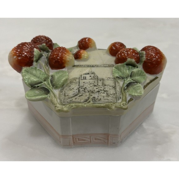 Vintage Porcelain Trinket Box Strawberry Lidded 3D Fruit Castle Raised Etching R - Picture 1 of 13